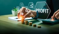 Business profit growth concept with digital interface showing financial icons and coin stacks on desk with laptop for investment presentations.