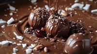 Decadent chocolate truffles with melted chocolate drizzle and coconut flakes on dark background, macro food photography for dessert menu and confectionery advertising.
