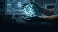 Hands protecting glowing dollar sign hologram with digital particles in futuristic business environment for financial technology concepts.