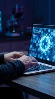Scientist analyzing virus structure on laptop computer in dark laboratory environment for medical research and pathogen study applications.