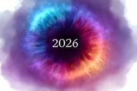Vibrant cosmic explosion with year 2026 emerging from colorful nebula cloud featuring purple, blue, pink and orange hues against dark background.