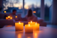 Glowing candles create romantic atmosphere with soft bokeh lights and silhouette of couple in background during intimate evening at home.