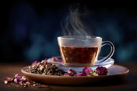 Hot steaming cup of aromatic tea with dried rose petals and loose tea leaves on wooden serving board against dark moody background.