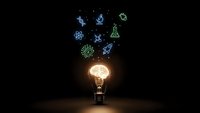 Glowing light bulb with floating science icons above on dark background representing innovation, research, discovery and scientific breakthrough concepts.