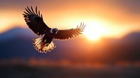 Majestic bald eagle soaring with outstretched wings against golden sunset sky over mountain landscape. Symbol of freedom, power and wildlife conservation.