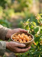 Farmer holding woven basket filled with fresh golden raspberries in garden setting, showcasing harvest and organic produce for agricultural and food industry use.