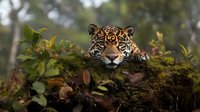 Majestic jaguar peering over moss-covered log in lush rainforest setting, head and shoulders visible among green foliage, displaying distinctive spotted coat pattern.