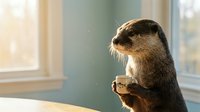 Curious otter standing upright indoors near windows, holding paws together in contemplative pose, suitable for wildlife, nature, and animal behavior content.