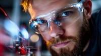 Caucasian male scientist with red beard and protective eyewear examining electronic circuit board in dark laboratory with dramatic lighting and bokeh effects.
