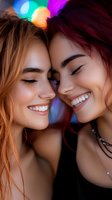 Two young women sharing intimate moment with genuine smiles and colorful bokeh lights creating warm atmosphere for friendship and connection concepts.