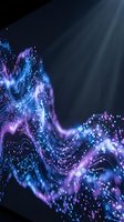 Abstract flowing particles in blue and purple neon light create a dynamic wave motion against dark background, suitable for technology and digital design projects.