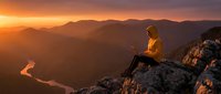 Golden hour mountain landscape with woman sitting on rocky cliff edge working on laptop, winding river below, sunset sky, remote work and nature concept.
