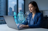 Professional Asian businesswoman working on laptop with holographic database icons and digital technology interface in modern office environment.