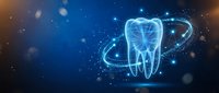 Digital holographic tooth with glowing orbital rings on blue background for dental technology and healthcare innovation concepts.