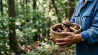 Male farmer in denim shirt holding wicker basket of freshly harvested mushrooms in forest setting. Suitable for agriculture, farming, and food production content.