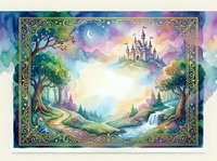 Watercolor fairytale frame with enchanted castle, magical forest, waterfall, and starry night sky, ornate golden border, soft pastel colors, copy space center.