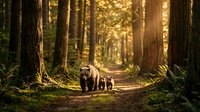 Grizzly bear mother with cubs walking through sunlit forest path surrounded by tall trees and golden light filtering through canopy.