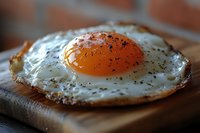 Close up of sunny side up fried egg with crispy edges and black pepper seasoning on wooden cutting board, golden yolk with morning light.