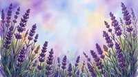 Watercolor lavender field with purple flowers blooming against soft pastel sky background for relaxation and aromatherapy designs.