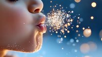 Close up of female lips blowing magical glowing sparkles and light particles against dark blue background with bokeh effect, dreamy atmosphere and fantasy concept.