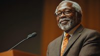 Senior African American businessman smiling confidently at podium during keynote speech, wearing brown pinstripe suit and orange tie against warm background.