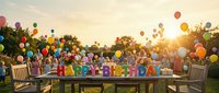 Colorful Happy Birthday letters on outdoor table with children, balloons, and golden sunset light creating a festive celebration atmosphere.