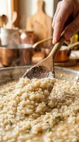 Adult hand holding wooden spoon stirring creamy risotto in pan with cooking utensils and ingredients blurred in warm kitchen background. Cooking, food preparation.