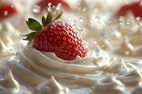 Fresh ripe strawberry splashing into creamy whipped topping with water droplets creating a delicious dessert moment.
