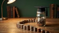 Graduation cap on coin-filled jar with stacked coins on wooden desk, symbolizing education savings and financial planning for college tuition costs.