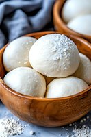 Fresh raw dough balls dusted with flour in wooden bowl on dark background, close up view of homemade bread or pizza preparation process.