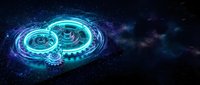 Futuristic holographic interface with glowing cyan circles and data streams in deep space environment for sci-fi technology concepts.