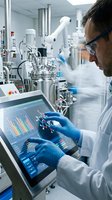 Male Caucasian scientist in lab coat holds molecular model near digital tablet with data charts in modern pharmaceutical research facility.