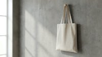 Blank white cotton tote bag hanging on concrete wall with natural window light shadows. Eco-friendly reusable shopping bag mockup for branding design.