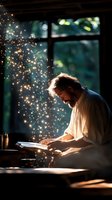 Middle-aged Caucasian man with beard reading book by window, surrounded by magical glowing particles, creating atmospheric study moment in dark room.