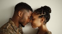 Young African American military couple sharing intimate moment with foreheads touching in tender embrace showing love and connection during deployment.