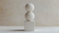 Minimalist geometric composition with white spheres balanced on white cube against neutral background, demonstrating stability and balance concept.