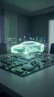 Futuristic holographic car projection emerging from circuit board with digital interface elements in modern office environment for automotive technology concepts.