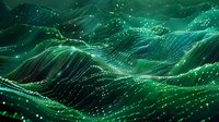 Abstract digital landscape with flowing emerald green waves and glowing particle lines creating a futuristic topographic visualization.