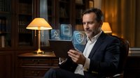 Middle-aged Caucasian businessman in suit using tablet in luxury office with warm lighting and bookshelves for corporate technology presentations.