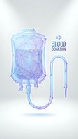 Polygonal glowing IV blood donation bag with connected dots and lines in blue purple tones, medical concept for healthcare posters.