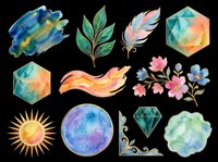 Watercolor abstract shapes, geometric forms, and botanical elements isolated on transparent background. Ready for t-shirt design, clipart, stickers, sublimation, and print-on-demand projects.