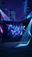 Thank you message in neon glowing letters on digital billboard in futuristic urban cityscape with skyscrapers and cyberpunk lighting effects.