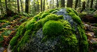 Moss-covered boulder in lush green forest with tall trees and natural woodland floor creating serene outdoor nature scene for environmental concepts.