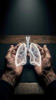 Protective hands cupping transparent lungs with bronchial tree on wooden surface. Healthcare, respiratory protection and medical awareness concept.