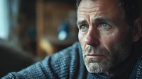 Middle-aged Caucasian man with blue eyes and gray beard wearing knit sweater gazes pensively through window in moody natural lighting, capturing contemplative moment.
