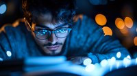 Young Asian man in glasses illuminated by blue light from computer screen at night, with bokeh lights in background creating moody atmosphere.