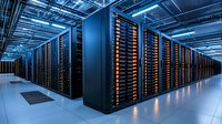 Modern server room with rows of data storage equipment illuminated by blue lighting, showcasing advanced technology infrastructure in clean environment for cloud computing.