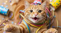 Ginger tabby cat wearing party hat surrounded by colorful streamers and confetti on wooden surface, celebrating with open mouth expression, festive party theme.