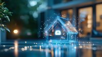 Glowing holographic house projection with digital elements floating in evening atmosphere, representing smart home technology and modern living solutions.