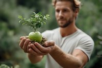 Caucasian man holding small plant growing from green apple, symbolizing sustainability, growth, and eco-friendly lifestyle choices in natural environment.